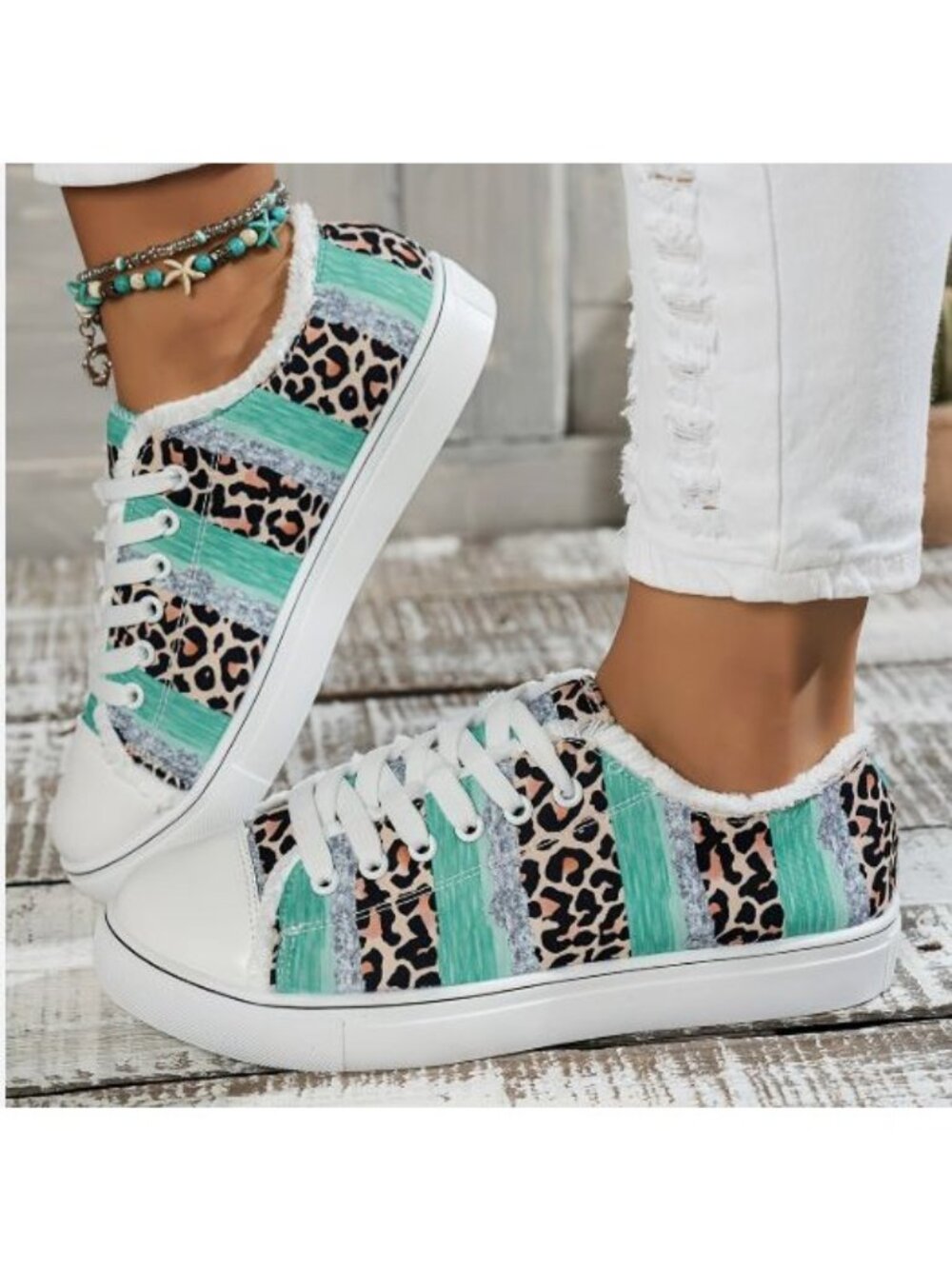 Teal Blue & Cheetah Leopard Print Sneakers Sz 6.5 (Fits Like 7) New Without Box